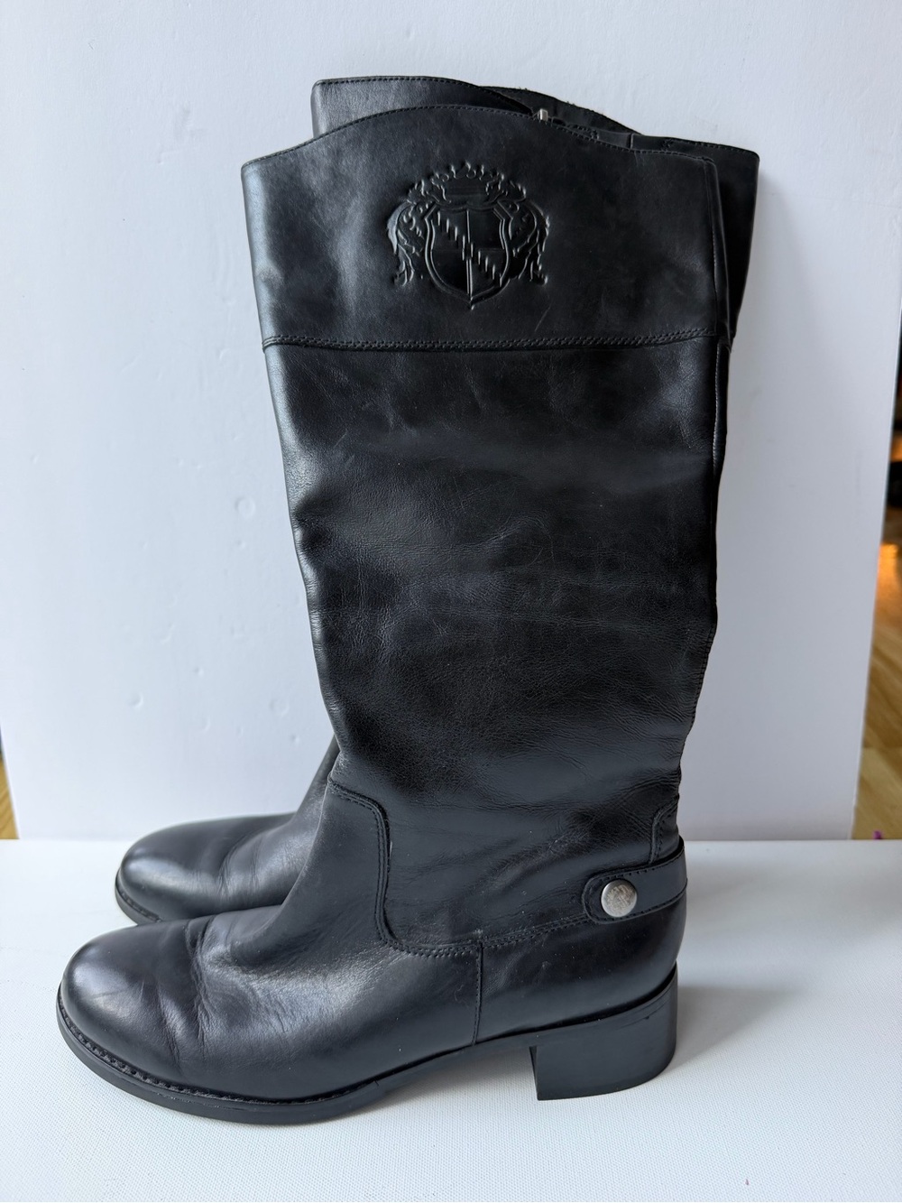 Franco Sarto L-Chipper Boots Women 9 Black Leather Knee High Riding Plaid